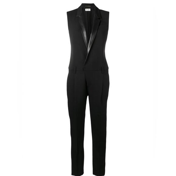 Saint Laurent Tuxedo Jumpsuit size FR 34 Black Wool Leather trim Pants - Picture 1 of 11